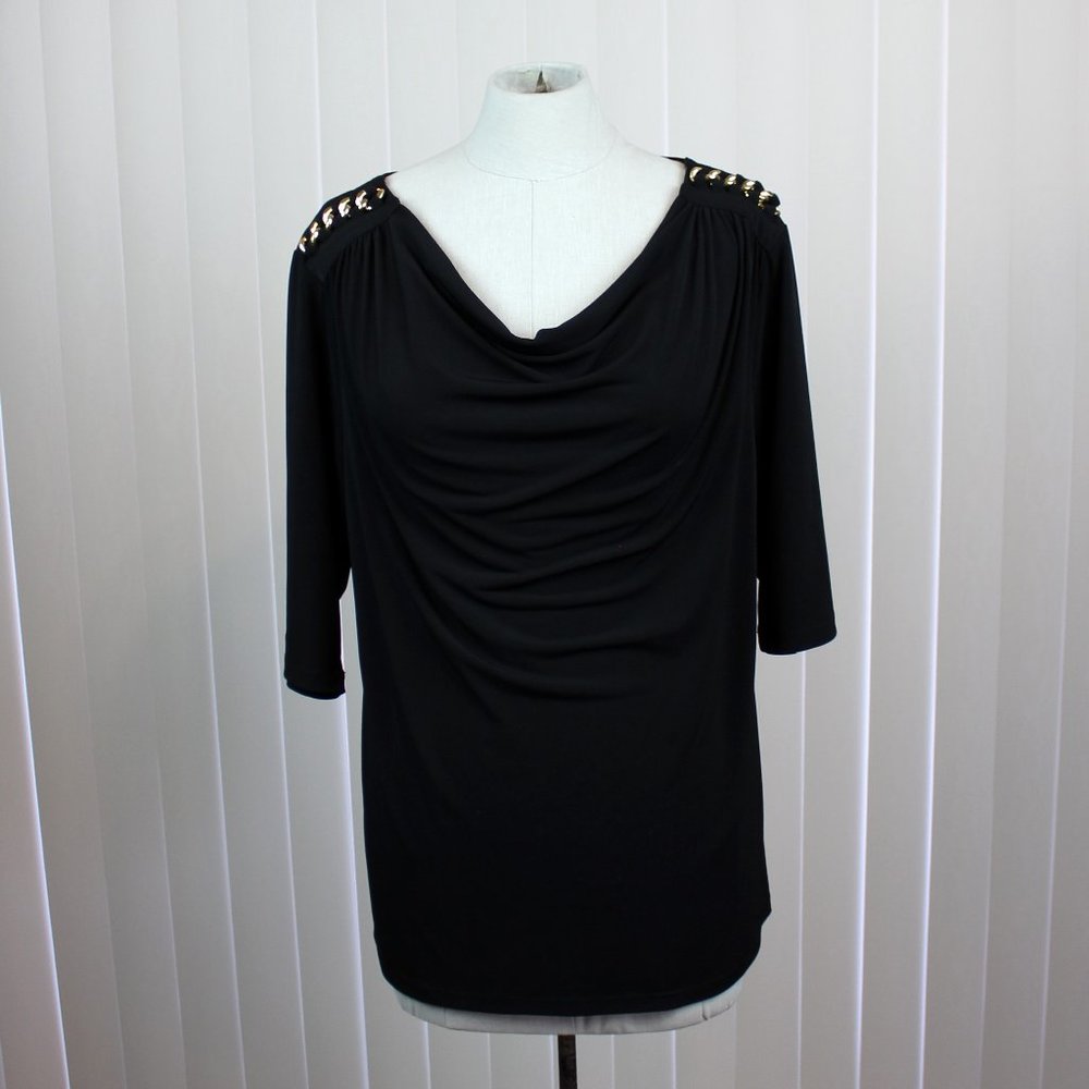 Black Cowl Neck Top XL Gold Chain Shoulder Detail Elbow Sleeve Dressy Stretch